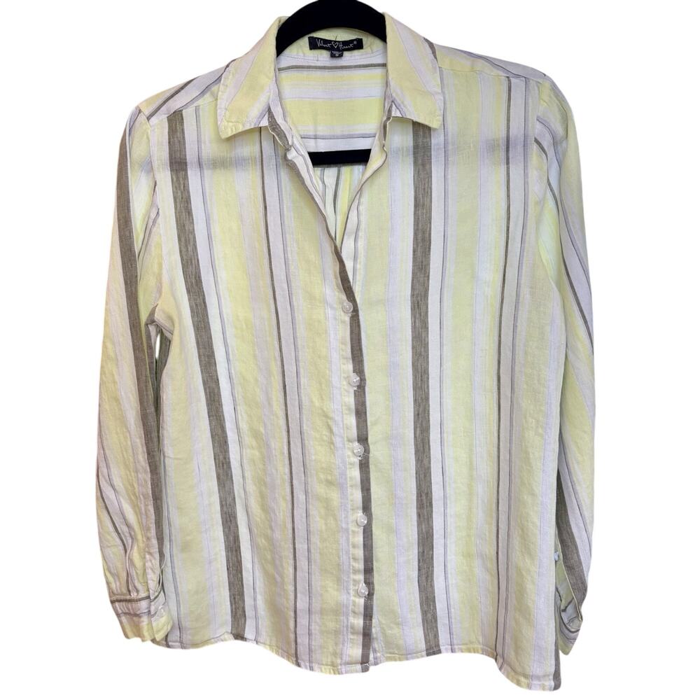 Velvet Heart 100% Linen Button-Up Shirt Sz S Women White Yellow Gray Roll Tab